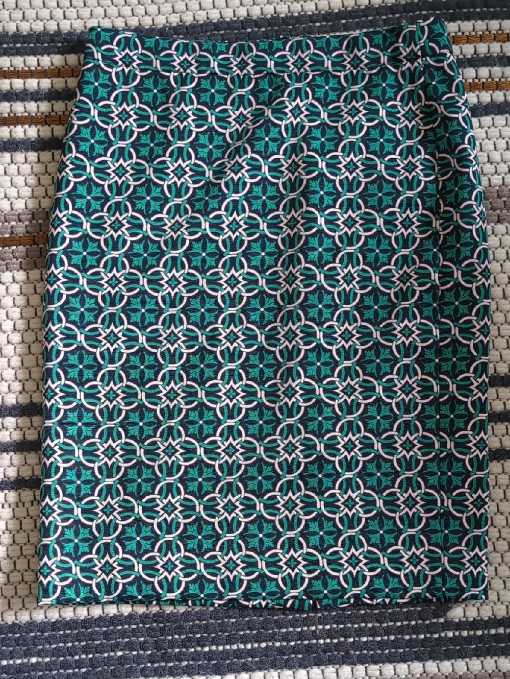 J. Crew Teal and White Geometric Pencil Skirt